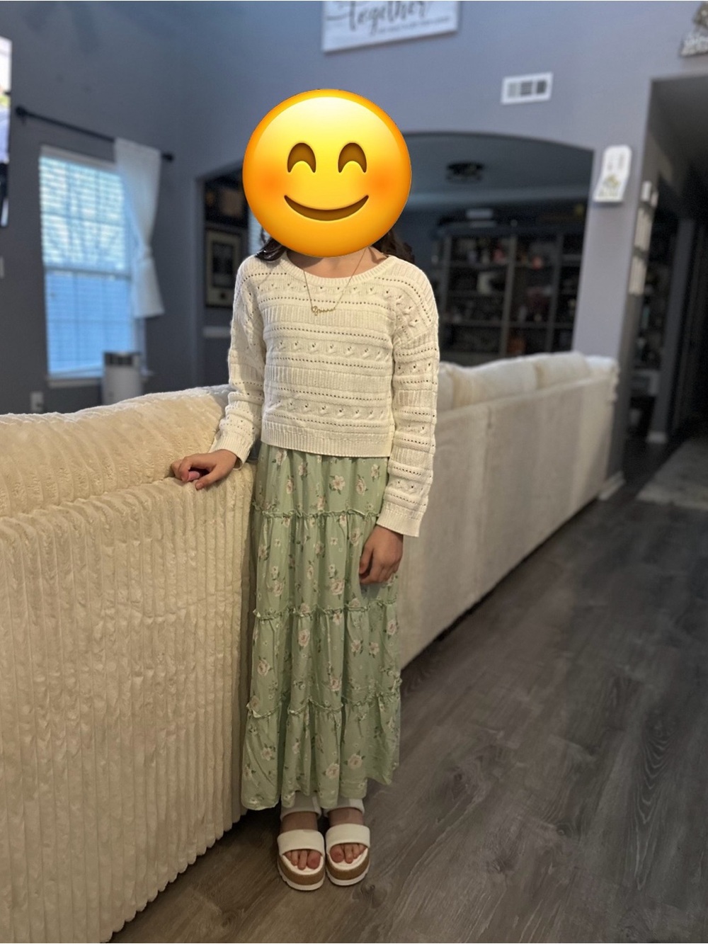 Girl’s Light Green Floral Tiered Maxi dress with sweater.